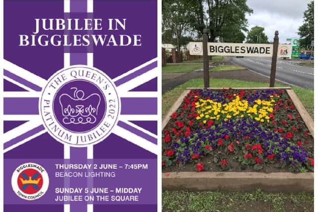 The Jubilee poster, and Biggleswade in bloom on a summer's day. Images: Biggleswade Town Council/Cllr Fage.