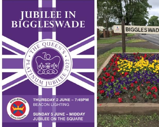 The Jubilee poster, and Biggleswade in bloom on a summer's day. Images: Biggleswade Town Council/Cllr Fage.