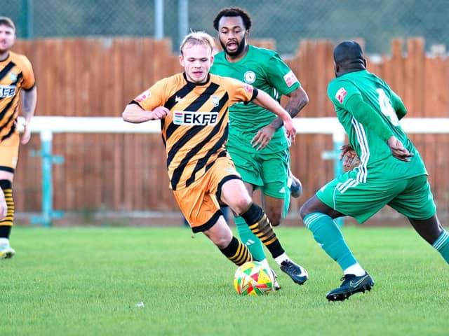 Action from Biggleswade's (in green) win over Aylesbury. Photo: Mike Snell.