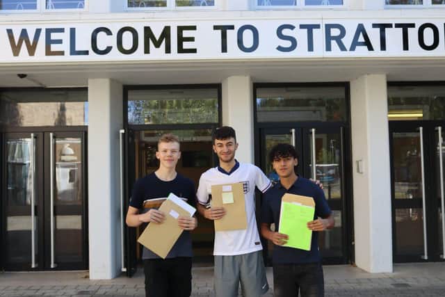 Students with their A-level results at Stratton School