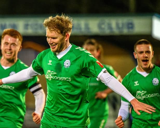 Pat McCafferty celebrates scoring Biggleswade FC's second goal on Monday. Photo: Guy Wills Sports Photography.