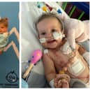 Joe with his proud children, Nancy and Arthur, after completing the marathon, and right, Nancy after open heart surgery, aged nine months. Images supplied by the Aris family.
