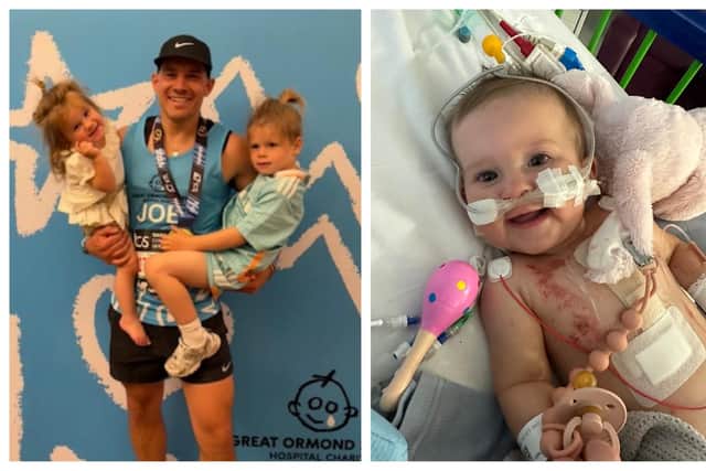 Joe with his proud children, Nancy and Arthur, after completing the marathon, and right, Nancy after open heart surgery, aged nine months. Images supplied by the Aris family.