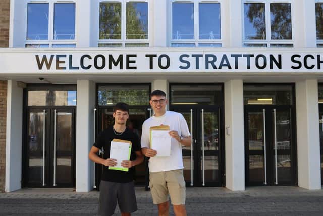 Students with their A-level results at Stratton School