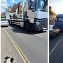 A large HGV passing while Lynn walks her dog. Right: A lorry and a school bus meet. Image: Lynn Fox.