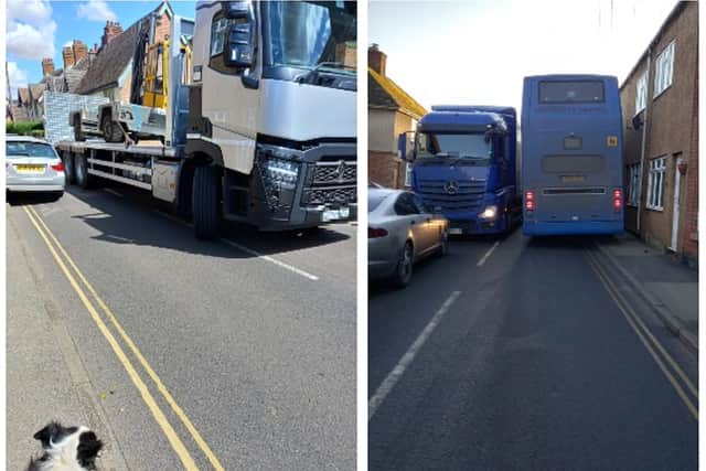 A large HGV passing while Lynn walks her dog. Right: A lorry and a school bus meet. Image: Lynn Fox.
