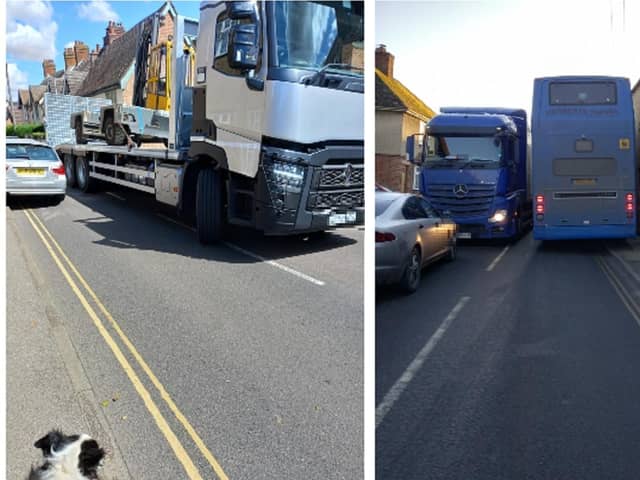 A large HGV passing while Lynn walks her dog. Right: A lorry and a school bus meet. Image: Lynn Fox.