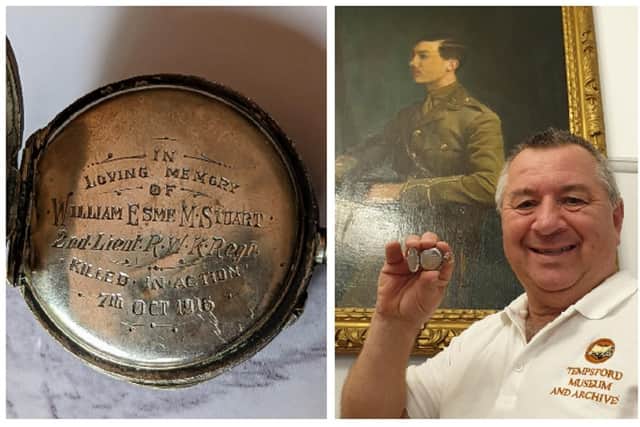 The watch and its inscription, and right, Steve Cooney with the watch in front of the portrait of William Esme Montagu Stuart. Image: Tempsford Museum and Archives.