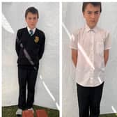Owen in his full school uniform; what he can currently wear before the rules relax to black shorts on Monday and Tuesday; Owen in his PE kit. Image: Gemma Marchant.
