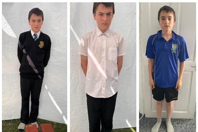 Owen in his full school uniform; what he can currently wear before the rules relax to black shorts on Monday and Tuesday; Owen in his PE kit. Image: Gemma Marchant.