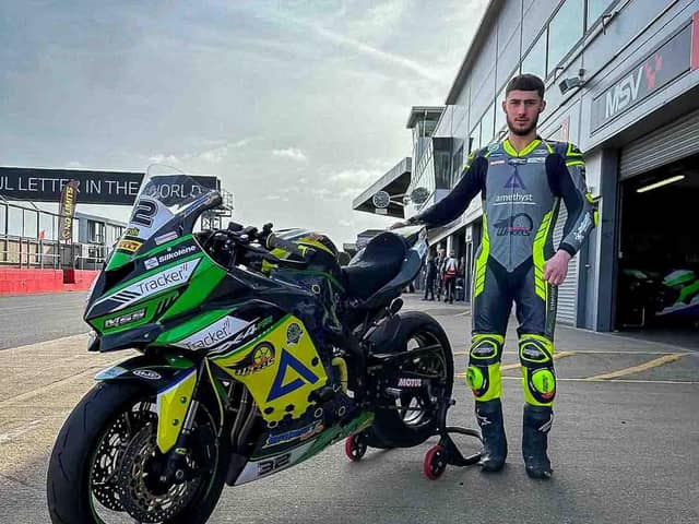 Lewis with his new bike the Kawasaki Ninja ZX-4RR for the 2024 season. Photo: Colin Port Images