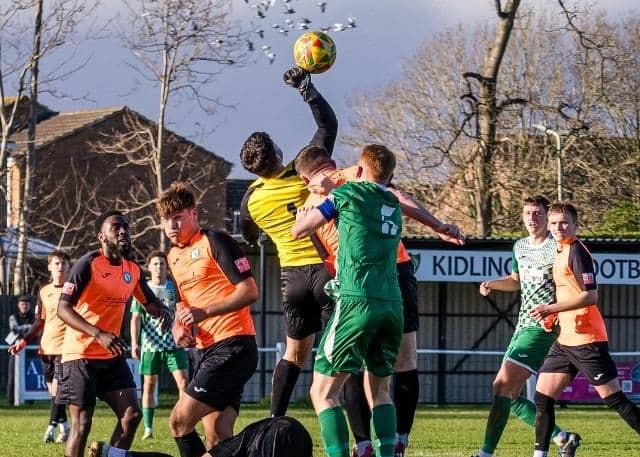 Goalmouth action from Biggleswade Town’s win at Kidlington on Saturday. Photo: BTFC.
