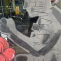 The graffiti scratched over a Remembrance display in Biggleswade