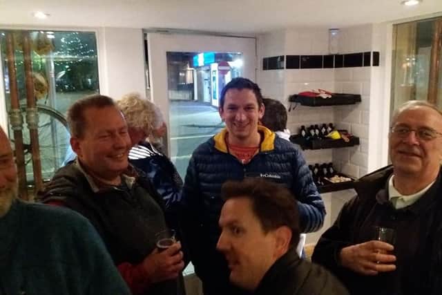 Dave (centre, wearing blue) in The Crown Hotel, Biggleswade. Image: East Beds CAMRA.