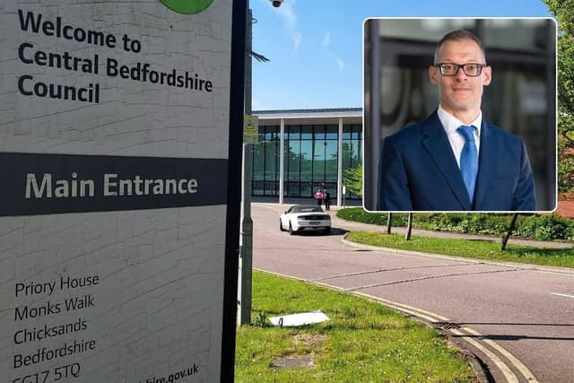 Central Bedfordshire Council headquarters - and inset CBC leader Cllr Adam Zerny. Images: CBC.