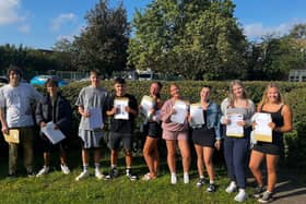 Students at Stratton Upper School with their A-level results. Pic supplied by Stratton Upper School