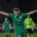 Harry Draper celebrates scoring against Biggleswade FC on Tuesday night. Photo: BTFC.