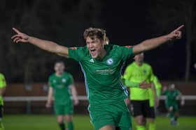 Harry Draper celebrates scoring against Biggleswade FC on Tuesday night. Photo: BTFC.