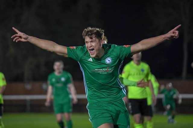 Harry Draper celebrates scoring against Biggleswade FC on Tuesday night. Photo: BTFC.