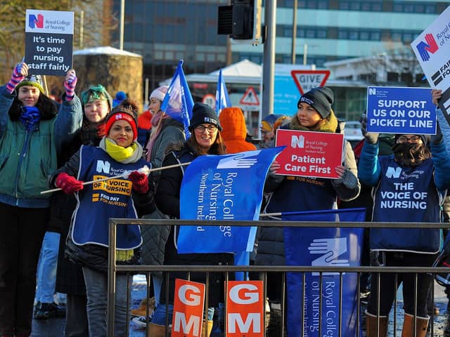 Royal College of Nurses members, campaigning for fair pay and conditions, pictured previously taking part in industrial action at Altnagelvin Hospital.  Photo: George Sweeney. DER2250GS - 38