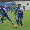Leon Lobjoit chases the ball on his goalscoring debut against Biggleswade. Photo by Adrian Brown.