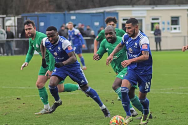 Leon Lobjoit chases the ball on his goalscoring debut against Biggleswade. Photo by Adrian Brown.