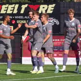 Biggleswade Town celebrate going in front early on at Bowers & Pitsea. Photo: Linda Babaie.