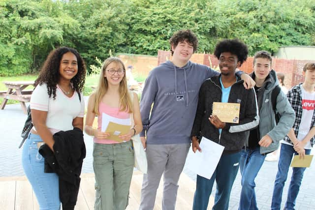 Some of the students at Etonbury Academy celebrate after receiving their GCSE results