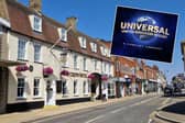 Biggleswade High Street and inset, Universal United Kingdom Resort logo.