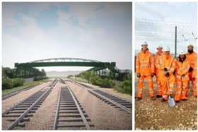 An artist's impression of Lindsells Bridge, and right, partners marking the Lindsells Bridge milestone. Image: Central Bedfordshire Council.