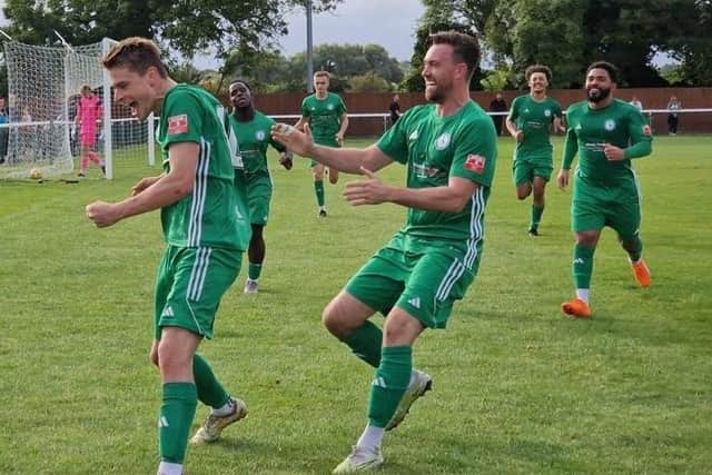 Biggleswade celebrate JJ Lacey's goal against Barton Rovers.