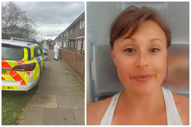 R: Detectives investigating the discovery of a body at a home in Biggleswade have released this image of missing woman Sarah Albone who is believed to have died. L: Police at the scene on Winston Crescent.