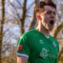 Sonny Coughlin-Brown celebrates his goal for Biggleswade FC. Photo: Guy Wills Sports Photography.