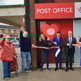 The grand opening of Sandy Post Office (left to right): two customers, Cllr Caroline Maudlin, Dhaval Gosaliya, Richard Fuller MP, Suhani Shah, Deputy Town Mayor Cllr Joanna Hewitt, and Mitul Shah.