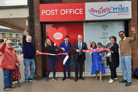The grand opening of Sandy Post Office (left to right): two customers, Cllr Caroline Maudlin, Dhaval Gosaliya, Richard Fuller MP, Suhani Shah, Deputy Town Mayor Cllr Joanna Hewitt, and Mitul Shah.