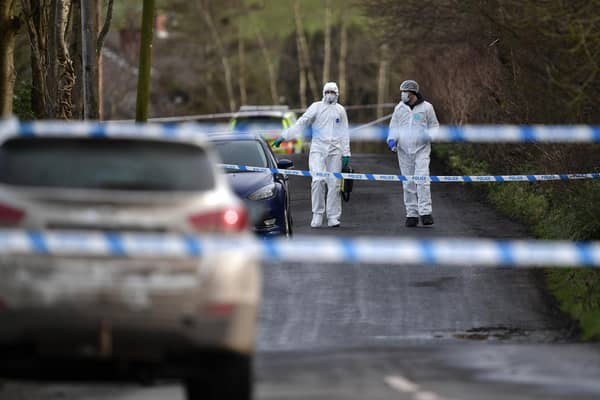 OMAGH, NORTHERN IRELAND - FEBRUARY 23: Police and forensics are seen at the scene of last nights shooting of a high profile PSNI officer at the Youth Sports Centre on February 22, 2023 in Omagh, Northern Ireland. (Photo by Charles McQuillan/Getty Images)