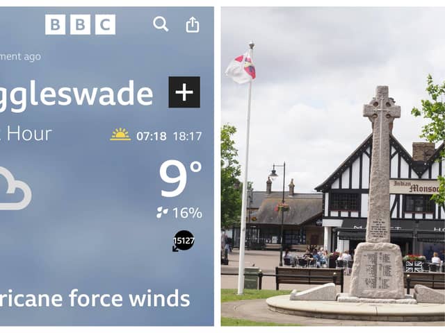 Biggleswade town centre (right) and a screenshot from the BBC weather app.