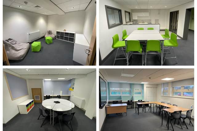 Clockwise from top left: sensory exploration room; kitchenette and communal eating area; classroom; intervention room. Images: Central Bedfordshire Council.