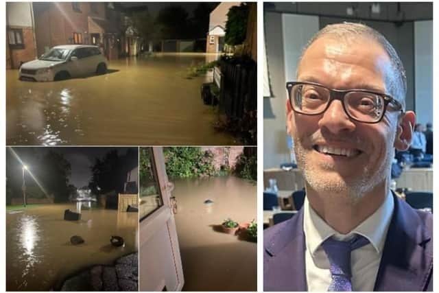 Flooding on South Street (image supplied by a Leighton Buzzard resident), and right, Councillor Adam Zerny. (Credit: Cllr Zerny).