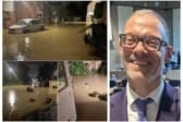Flooding on South Street (image supplied by a Leighton Buzzard resident), and right, Councillor Adam Zerny. (Credit: Cllr Zerny).