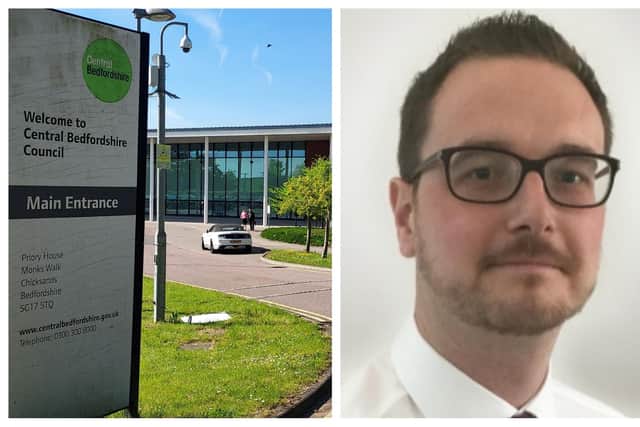 Central Bedfordshire Council headquarters, and right, Councillor Steve Watkins. Images: National World/CBC.