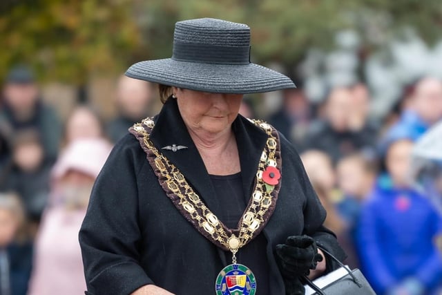 The Mayor Sandy, Councillor Joanna Hewitt, lays a wreath at the town's war memorial