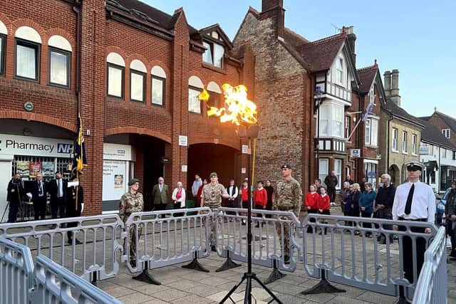 The lit beacon in Shefford.