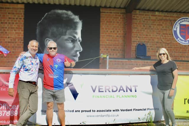 Biggleswade United Chairman Guillem Balague with new ground naming sponsors Verdant Financial Planning's managing director, Jim Monger and fellow director, Helen McCormick.