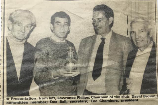 Des (second right) at a gathering of the club in the 1970s, which was held to honour his achievements, and those of then president, Tec Chambers (right). Image: Biggleswade Athletic Club.