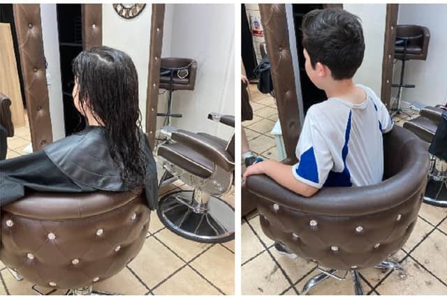 Oscar pictured at Bobby's before and after his haircut. Images: The Pitalis-Nguyen family.