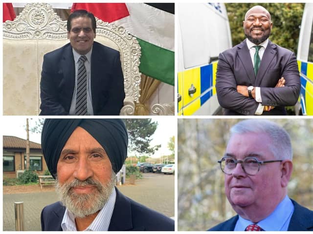 Clockwise from top lift: Waheed Akbar - The Workers Party of Britain; Festus Akinbusoye – Conservative; John Tizard – Labour; Jasbir Singh Parmar – Liberal Democrats;