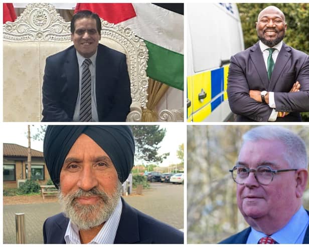 Clockwise from top lift: Waheed Akbar - The Workers Party of Britain; Festus Akinbusoye – Conservative; John Tizard – Labour; Jasbir Singh Parmar – Liberal Democrats;