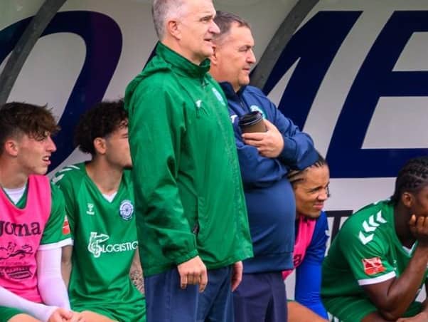 Biggleswade FC bosses Mark Inskip (left) and Dave Northfield saw their side exit the FA Cup. Photo: Guy Wills.