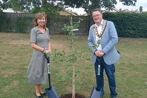 Renate Tonecker-Bos, the deputy mayor of Erlensee, and Biggleswade Mayor Jonathan Woodhead take part in a ceremonial planting of a ginkgo tree at Kitelands Recreation Ground